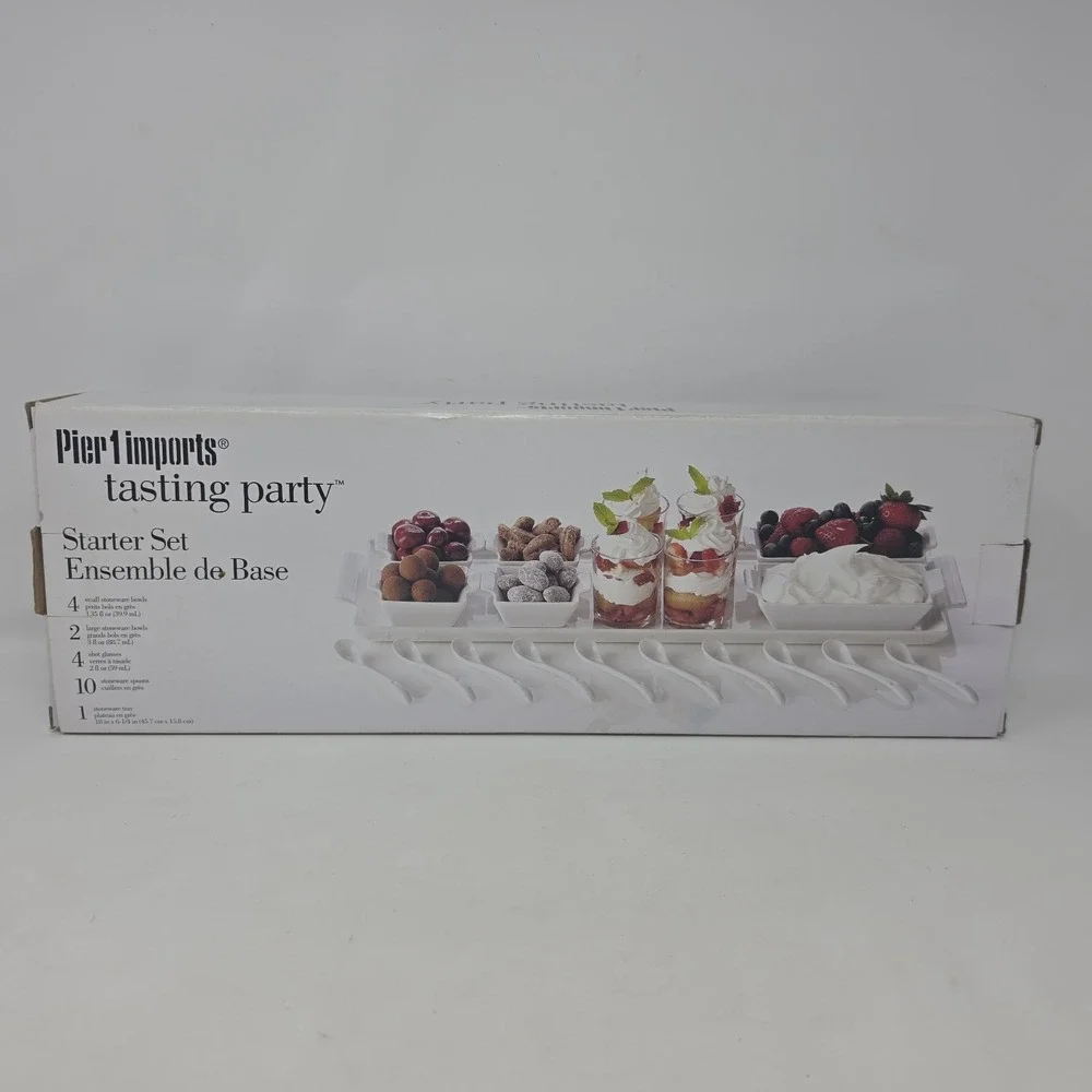 Pier 1 Imports Tasting Party Starter Set, White Stoneware Tray, Bowls, Spoons k